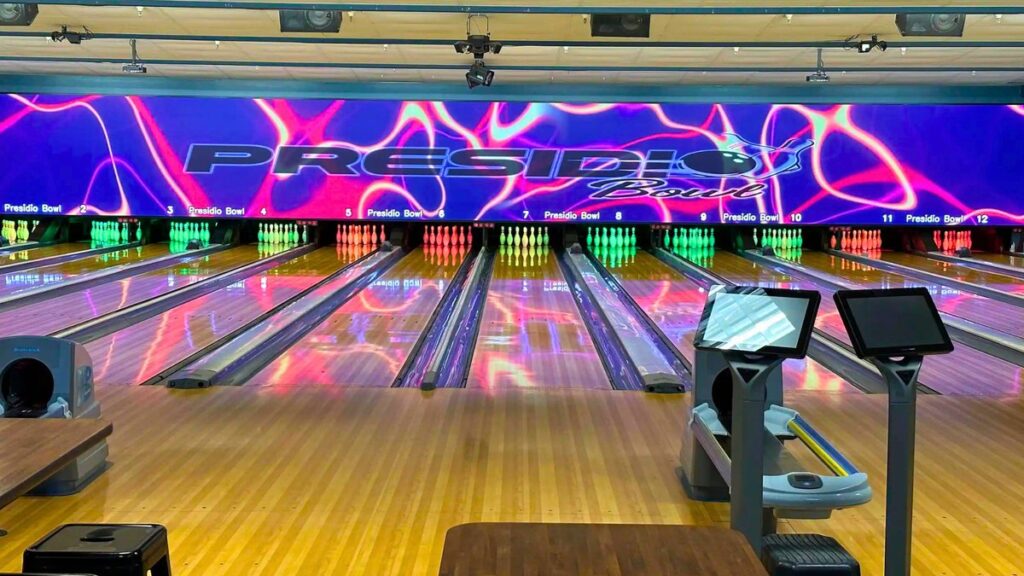 Neon-lit lanes at Presidio Bowl