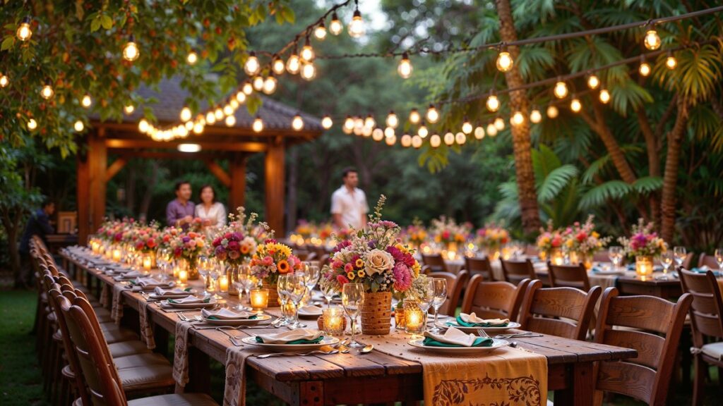Long candlelit dinner table set under string lights